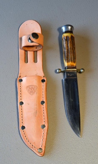 Anton Wingen Jr. 9” Hunting Knife w/ 5” Blade, Antler Handle, McGuire-Nicholas Leather Holster, Ston