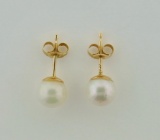 14K Yellow Gold & Pearl Solitaire Earrings, 5-6 MM Pearls