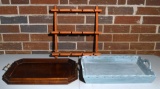 Lot of Items: Wooden Tray, Blue Wooden Tray, Wooden Wall Rack