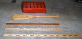 Lot of Wooden Collectible Items: Chevrolet Yardstick, 7-Up Crate (Painted Red), Etc.