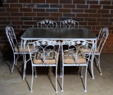 Vintage White Meadowcraft Wrought Iron Glass Top Patio Table & Six Chairs w/ Rush Cushions
