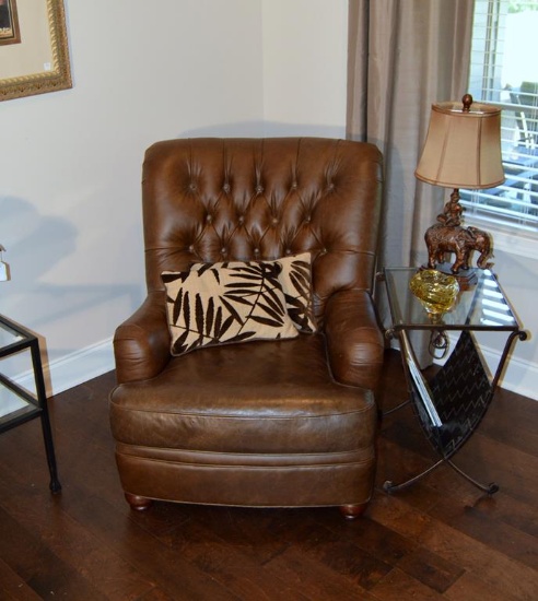 Pottery Barn Leather Armchair, Tufted Back, Accent Pillow