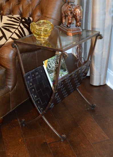 Contemporary Campaign Style End Table / Magazine Rack, Glass Top, Bronzed Finish, Rivet Trim