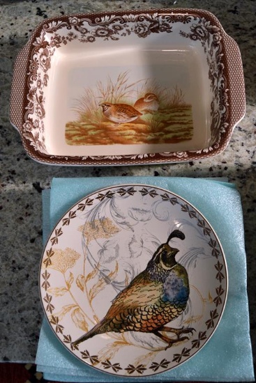 Lot of 4 Pottery Barn Luncheon Plates w/ Gamebird Designs and Spode “Woodland” Vegetable Bowl