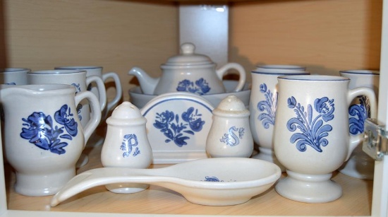 Lot of Pfaltzgraff “Yorktown”: Bowls, Spoon Rest, Teapot, 6 Mugs, Cream Pitcher, Napkin Holder, S&P