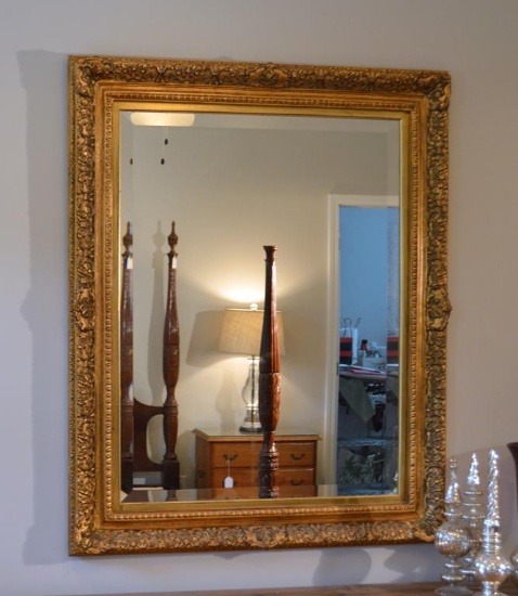 Beveled Glass Wall Mirror, Ornate Gilt Wood Frame