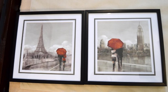 Pair of Framed Decorator Art Prints, Red Umbrellas