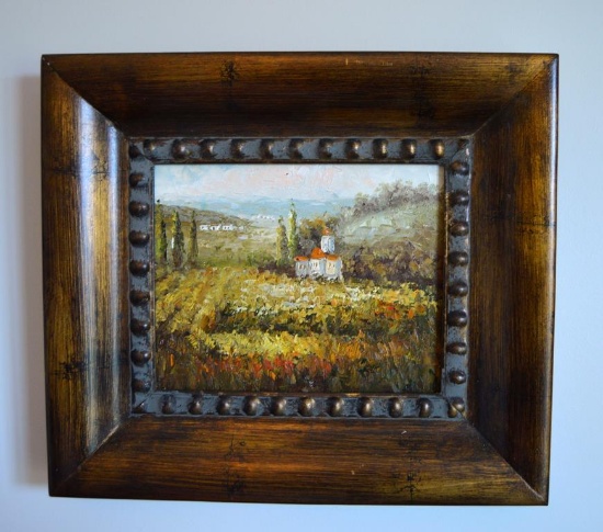 Contemporary Framed Oil on Board, Tuscan Landscape