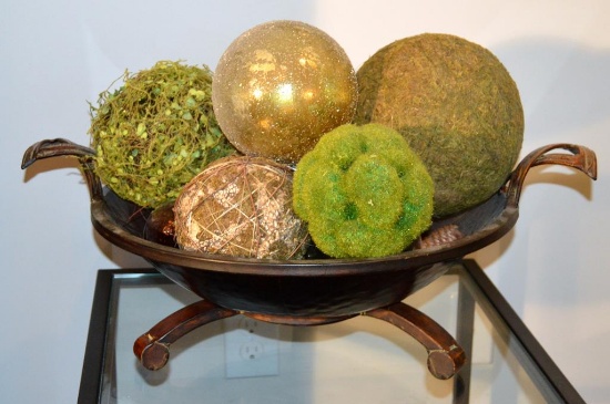 Bronzed Decorative Accent Bowl w Glass & Textured Spheres