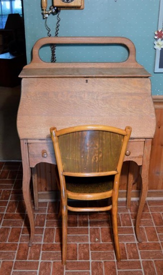 Antique Oak Secretary Desk & Antique Thonet Austria Chair w/ Faux Embossed Leather Seat & Back