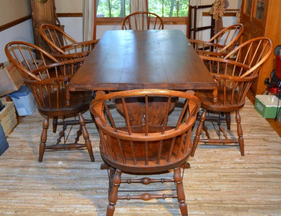 Lot of 6 Vintage Oak Windsor Chairs w/ Turned Legs, Leavens of Boston (pairs with lot 14 table)