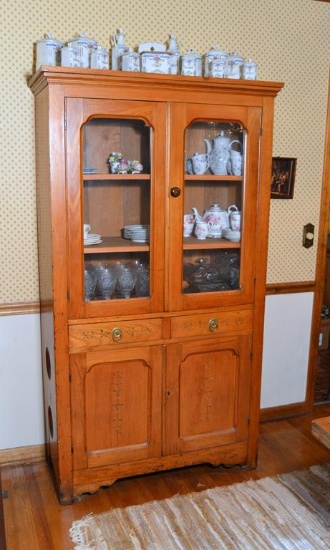 Antique Primitive Pie Safe w/ Carved Door & Drawer Fronts, Cherry