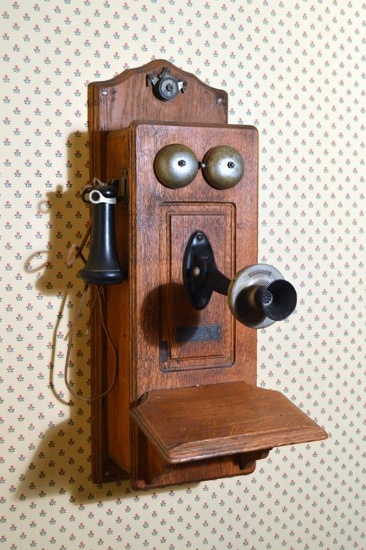 Antique Kellogg / North Electric Co. Wall Mounted Telephone, Oak Case, w/ Writing Shelf