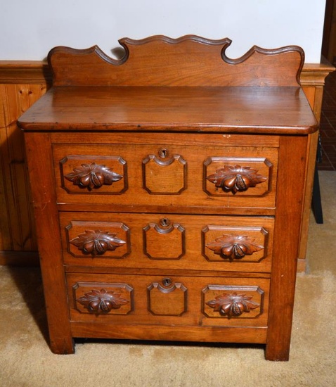 Antique 19th C. American Victorian 3 Drawer Walnut Chest, Carved Pulls