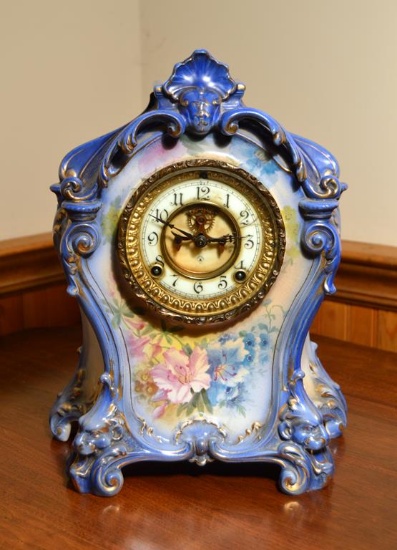 Antique 19th C.  Porcelain Clock by Ansonia Clock Co., USA w/ Royal Bonn, Germany Handpainted Case