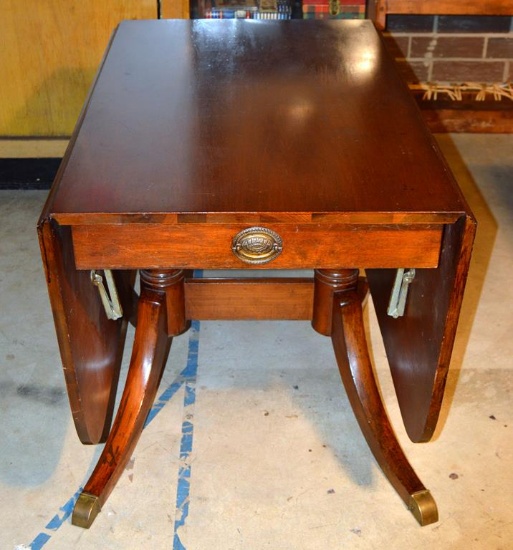 Vintage Federal Style Drop Leaf Mahogany Dining Table w/ Drawer on Each Side, Protective Pads