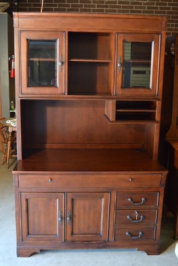 Cherry Computer Credenza & Hutch, Slide Out Lighted Top, Keyboard Drawer, Outlets, Storage, Etc.