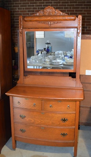 Antique Late 19th-Early 20th C. Tiger Oak Bow Front Dresser w/ Mirror