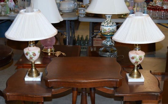 Pair of Vtg. Handpainted Glass Electric Table Lamps, Pine Cone Design, Marble Bases, Glass Chimneys