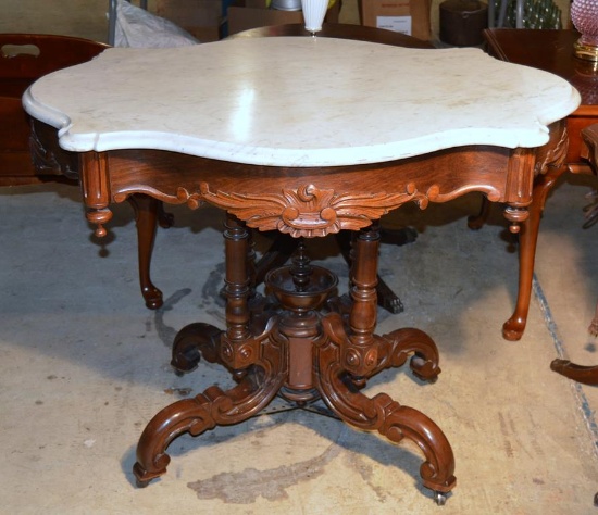 Antique Victorian Renaissance Revival Style Marble Top Carved Walnut Parlor Table, Orig. Caster Feet