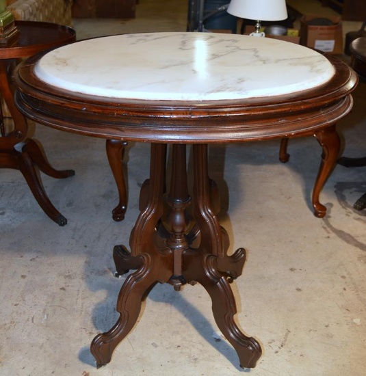 Antique Victorian Carved Walnut Marble Top Side Table, Original Caster Feet