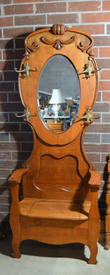 Antique Late 19th-Early 20th C. Tiger Oak Mirrored Back Hall Tree w/ Storage Seat