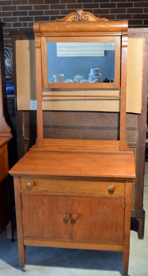 Antique Late 19th-Early 20th C. Tiger Oak Washstand w/ Mirror and Towel Rack
