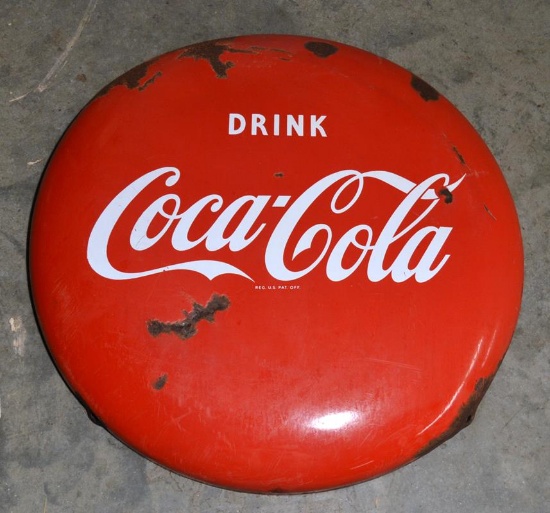 Vintage “Drink Coca-Cola” Red Coke Button Sign, 24” Diam.