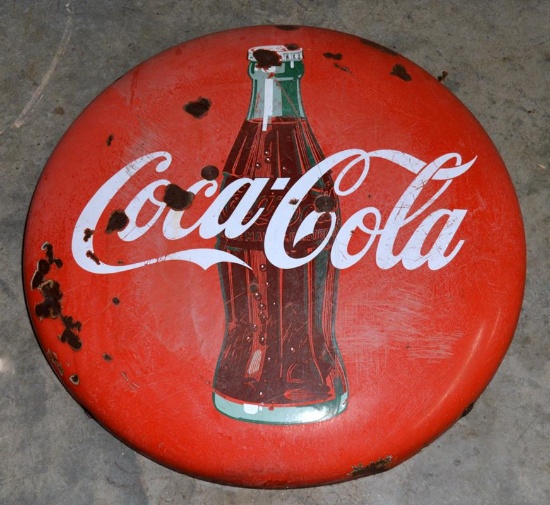 Vintage “Coca-Cola” w/ Bottle Red Coke Button Sign, 24” Diam.