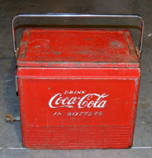 Vintage “Drink Coca-Cola In Bottles' Red Coke Cooler w/ Bottle Opener & Drain