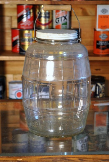 Large Pressed Glass “Duraglas” Jar w/ Metal Lid, Barrel Design w/ Handle, Owens-Illinois