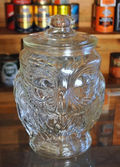Vintage General Store Candy Jar, Pressed Glass Owl