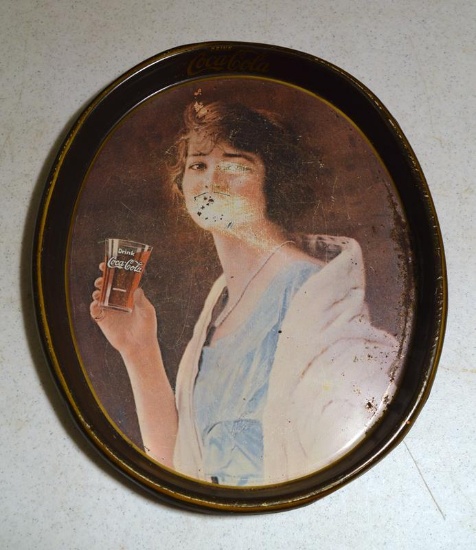 Antique Oval Metal Coca-Cola Tray, Young Woman w/ Glass