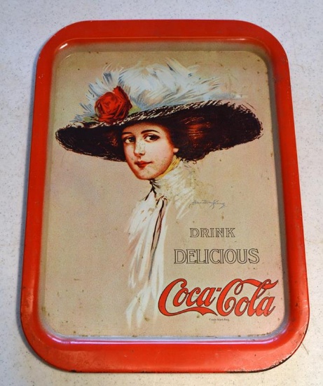 Vintage 1970s Metal Coca-Cola 1909 Repro Tray, Young Woman in Hat