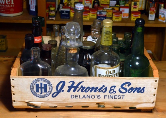 Lot of Miscellaneous Old Bottles In J. Hronis Fruit Crate