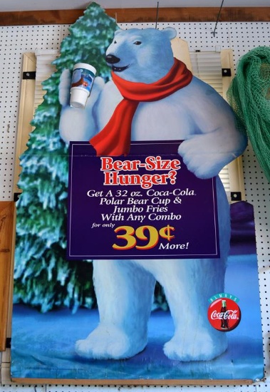 Large Coca-Cola Coke Advertising Polar Bear Cardboard Sign, “Bear-Size Hunger?”