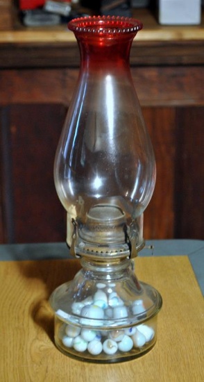 Vintage SOCONY No 2 Oil Lamp, Red Flashed Shade, Agate Marbles