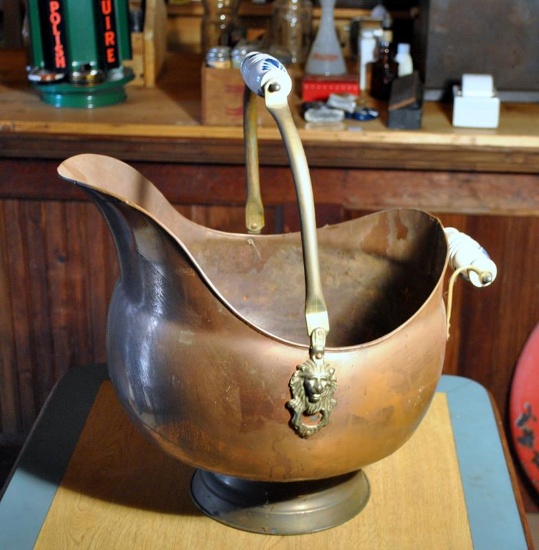 Vintage Copper Brass & Ceramic Coal Hod / Kindling Bucket