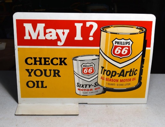 Vtg Metal Two-Sided Phillips 66 Motor Oil  Sign, “May I Check Your Oil?”/”May I Check Your Tires"