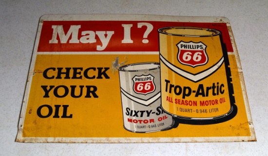 Vtg Metal Two-Sided Phillips 66 Motor Oil Sign, “May I Check Your Oil?”/”May I Check Your Tires?"
