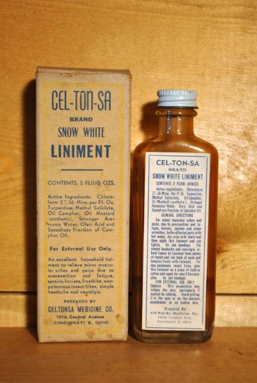 Antique Cel-Ton Sa Brand Snow White Liniment Bottle & Box