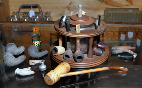 Lot of Old Pipes & A Vintage Pipe Stand w/ Humidor Jar