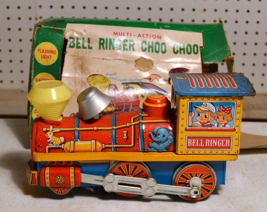 Vintage Battery Operated Bell Ringer Choo Choo Metal Toy Train Engine w/ Original Box, TM Japan