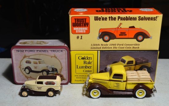 Lot of Die-Cast Car and Banks: 1940 Ford Convertible, 1936 Dodge, and 1932 Ford Panel Truck