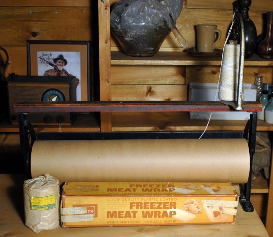 Antique Bulman Gravity Paper Cutter, Brown Paper Roll, Freezer Paper, and Twine Rolls