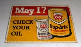 Vtg Metal Two-Sided Phillips 66 Motor Oil Sign, “May I Check Your Oil?”/”May I Check Your Tires?