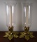 Pair of Brass Acanthus Leaves Candle Holders w/ Glass Hurricane Shades