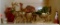 Lot of Christmas Decor: Brass Reindeer & Sleigh, Wooden Camel & Father Xmas, Red Vase, Small Candleh