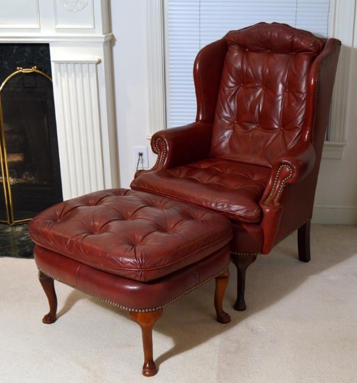 Classic (Hickory, NC) Genuine Top Grain Leather Wing Chair w/ Ottoman, Brass Nailhead Trim