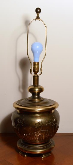 Antiqued Brass Oriental Design Brass Table Lamp. Without Shade